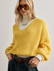 Pariaura Women's Light Yellow Knitted V-Neck Sweater Brunch Autumn Retro Casual - Yellow - View 9