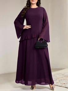 SHEIN CURVE+ Plus Size Solid Color Round Neck Ruffle Hem Elegant Long Sleeve Dress Fall Formal Wedding Evening Purple - Multicolor - View 3