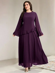 SHEIN CURVE+ Plus Size Solid Color Round Neck Ruffle Hem Elegant Long Sleeve Dress Fall Formal Wedding Evening Purple - Multicolor - View 5