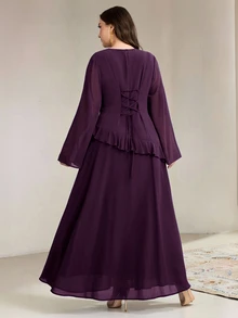 SHEIN CURVE+ Plus Size Solid Color Round Neck Ruffle Hem Elegant Long Sleeve Dress Fall Formal Wedding Evening Purple - Multicolor - View 2