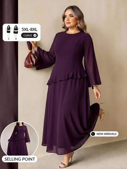 SHEIN CURVE+ Plus Size Solid Color Round Neck Ruffle Hem Elegant Long Sleeve Dress Fall
