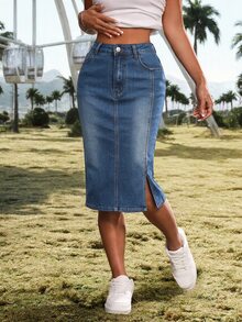 SHEIN ICON Women's Casual Denim Skirt With Side Slit Hem And Pockets - Dark Wash - View 4