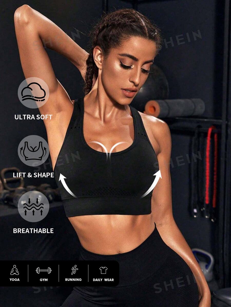 Powerista Medium Support Seamless Workout Push Up Sports Bra - Black - View 1