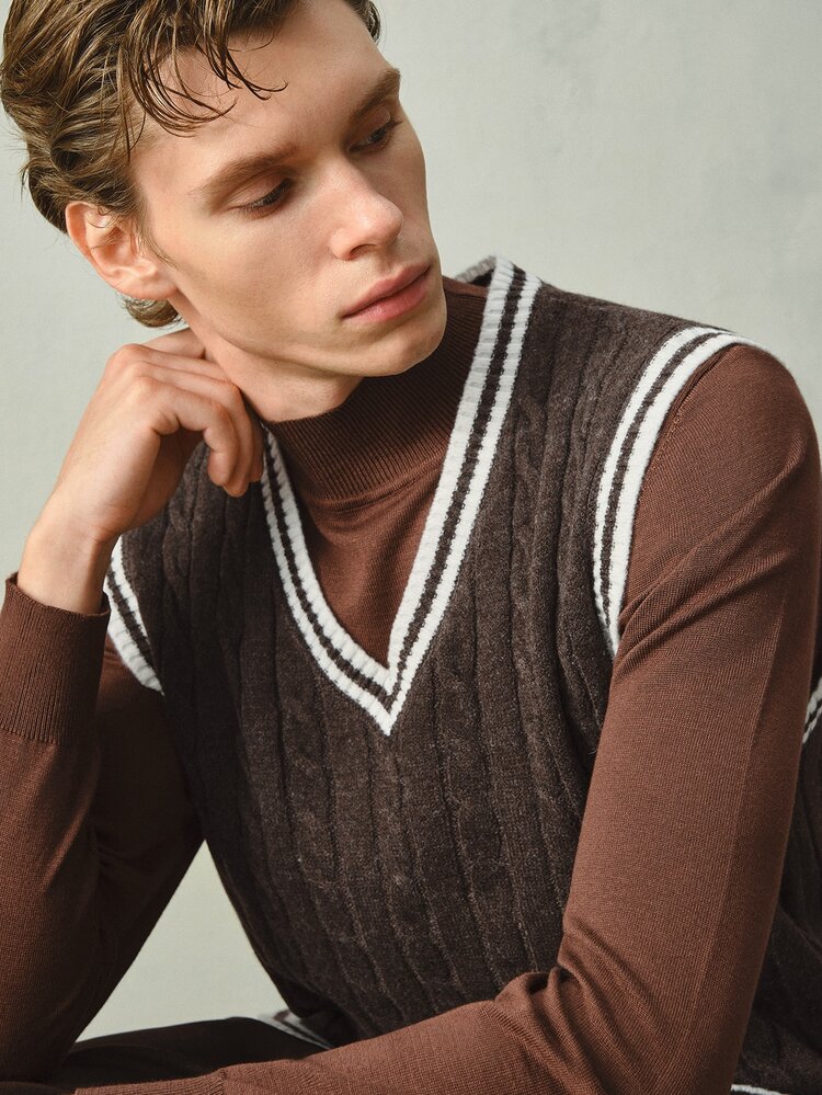 RONVEXI Men's Casual Commute Colorblock Trim Knit Vest Formal Old Money - Black - View 8