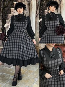 Lyrianda Halloween Plus Size Women's Autumn/Winter Long Sleeve Shirt , 2 In 1 Design, Black & White Plaid Colorblock, Metallic Buttons, Elegant Vintage Fall - Black - View 6