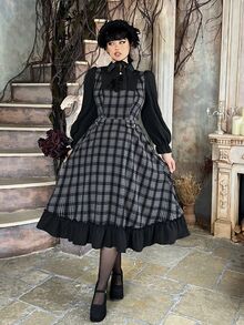 Lyrianda Halloween Plus Size Women's Autumn/Winter Long Sleeve Shirt , 2 In 1 Design, Black & White Plaid Colorblock, Metallic Buttons, Elegant Vintage Fall - Black - View 1
