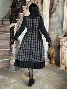 Lyrianda Halloween Plus Size Women's Autumn/Winter Long Sleeve Shirt , 2 In 1 Design, Black & White Plaid Colorblock, Metallic Buttons, Elegant Vintage Fall - Black - View 2