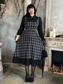 Lyrianda Halloween Plus Size Women's Autumn/Winter Long Sleeve Shirt , 2 In 1 Design, Black & White Plaid Colorblock, Metallic Buttons, Elegant Vintage Fall - Black - View 3