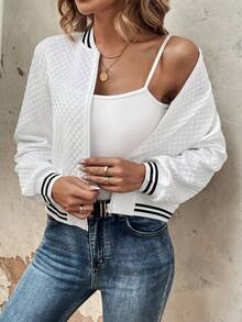 SHEIN Franclia 女款條紋棒球領長袖拉鍊休閒夾克 - 白色 - 查看 3