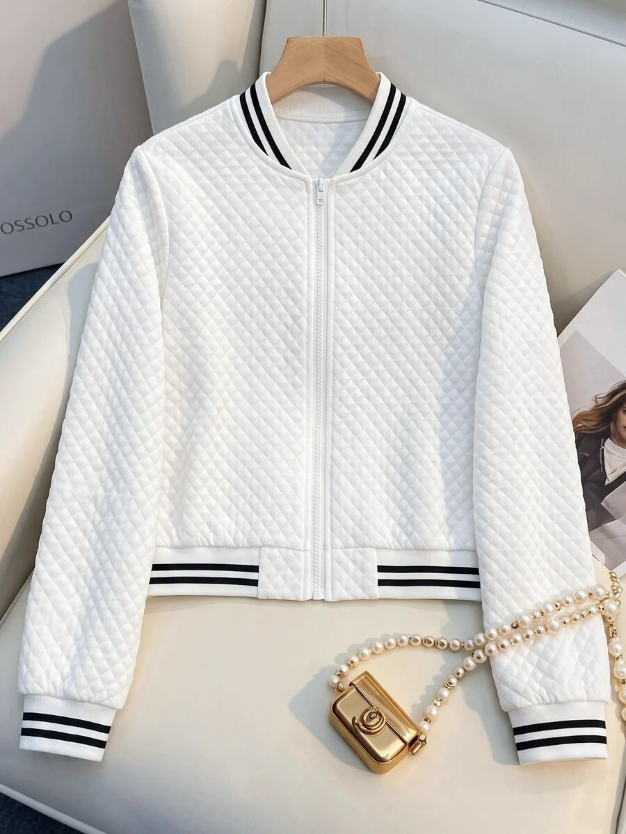 SHEIN Franclia 女款條紋棒球領長袖拉鍊休閒夾克 - 白色 - 查看 1