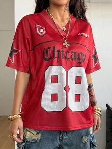 Coolane 女士春夏Y2K街头复古透气网眼印花数字图案足球T恤 - 紅色 - 查看 5