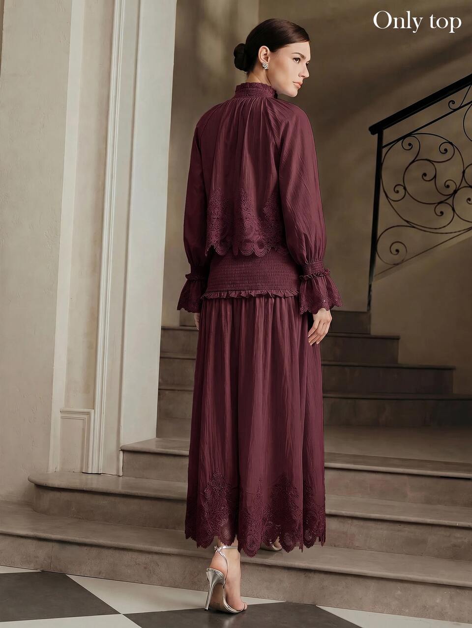 Anewsta Spring/Summer New Vacation Shirred Ruffle Hollow Lace Trim Romantic Elegant Women's Blouse