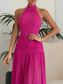 Ronhire Women's Versatile Pleated Halter Neck Tie Elegant Dress - Hot Pink - View 4