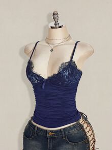 SHEIN ICON Contrast Lace Ruched Y2k Sexy Cami Top,Summer Top Going Out Night Out Navy Blue - Navy Blue - View 4