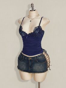 SHEIN ICON Contrast Lace Ruched Y2k Sexy Cami Top,Summer Top Going Out Night Out Navy Blue - Navy Blue - View 5
