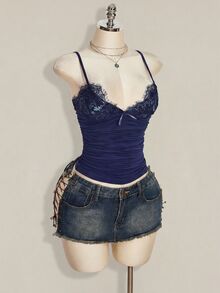 SHEIN ICON Contrast Lace Ruched Y2k Sexy Cami Top,Summer Top Going Out Night Out Navy Blue - Navy Blue - View 8