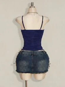 SHEIN ICON Contrast Lace Ruched Y2k Sexy Cami Top,Summer Top Going Out Night Out Navy Blue - Navy Blue - View 2