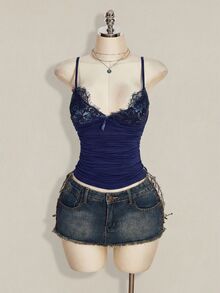 SHEIN ICON Contrast Lace Ruched Y2k Sexy Cami Top,Summer Top Going Out Night Out Navy Blue - Navy Blue - View 7