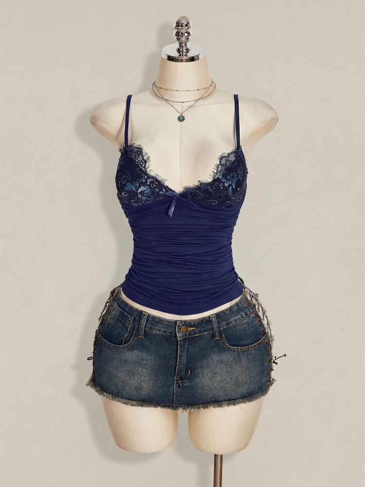 SHEIN ICON Top de tirantes Y2K con volantes y encaje en contraste - Azul Marino - Añade 7
