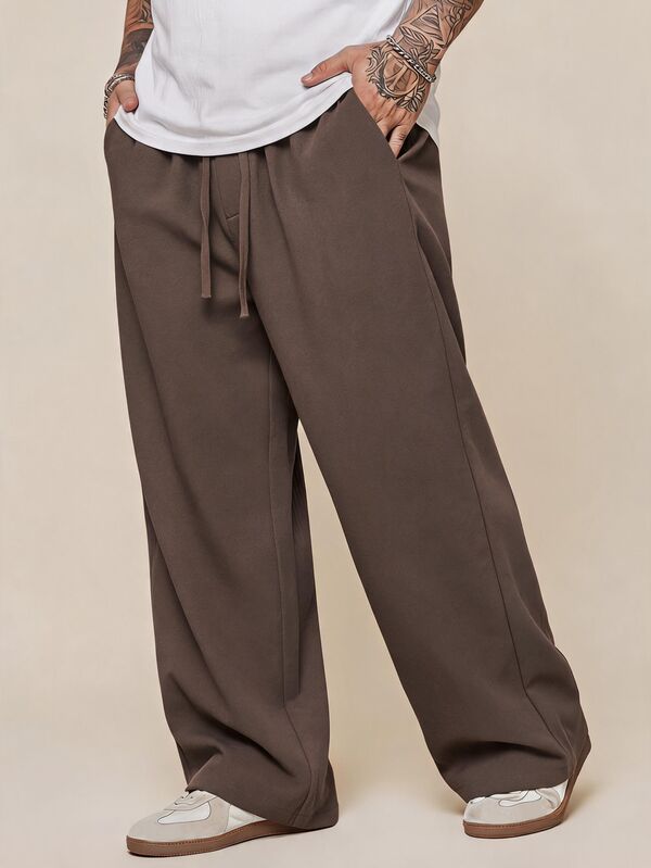 EASEVO Men's Plus Size Solid Color Waist Tie Pocket Wide Leg Loose Long Pants