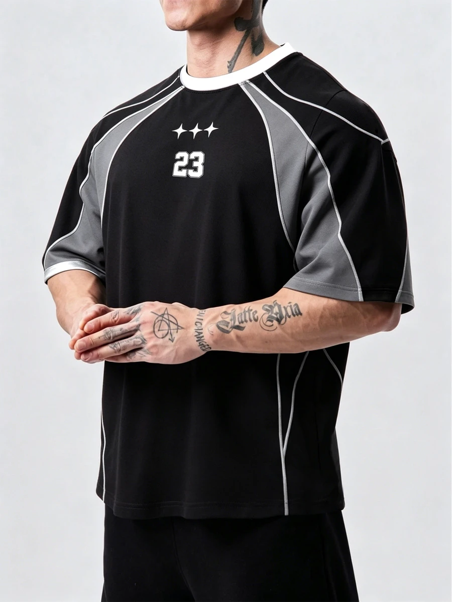 Coreblaze Men's Colorblock Patchwork Short Sleeve Sports T-Shirt, Gym - Black - View 1