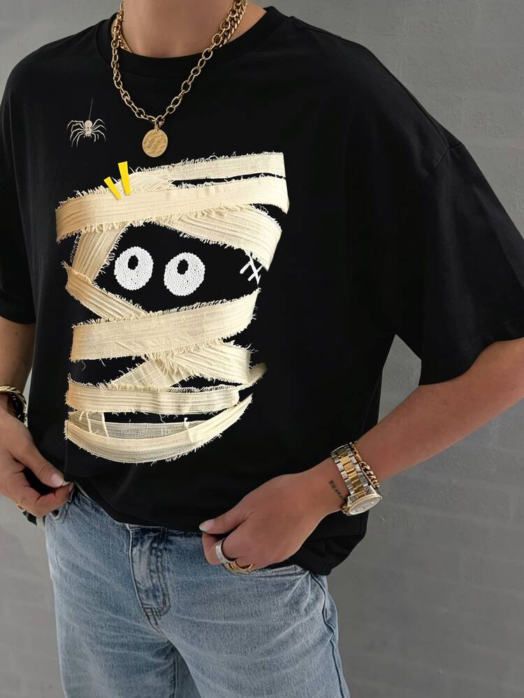 DrmWander Plus Size T-shirt med tecknad spindelprint, rund hals och korta ärmar - Svart - Visa 1