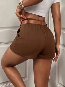 BamGleam Women's Casual Solid Color Shorts, Summer - Mocha Brown - View 3