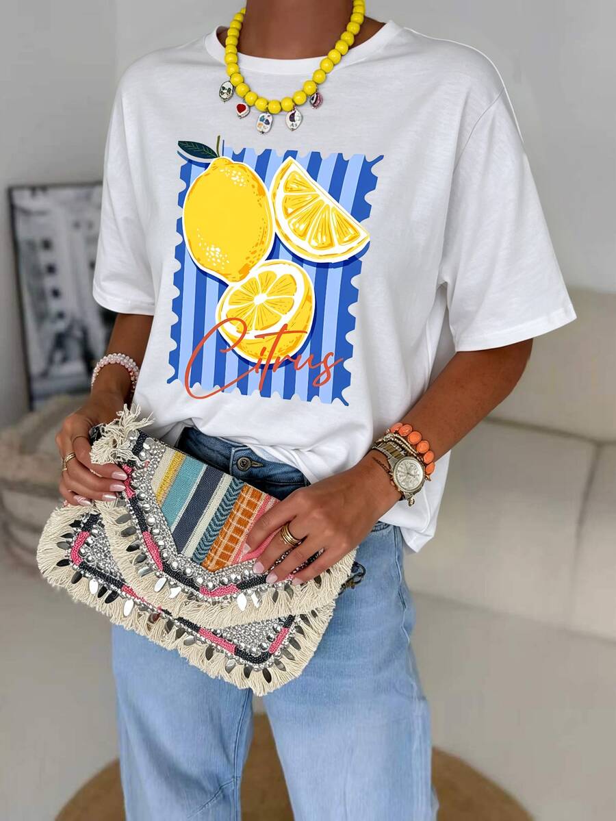 EMERY ROSE Women Crew Neck Short Sleeve T‑Shirt, Lemon Citrus Graphic Print Drop Shoulder Loose Casual Tee, Blue Stripe Background Y2K Summer Vacation Daily - White - View 1