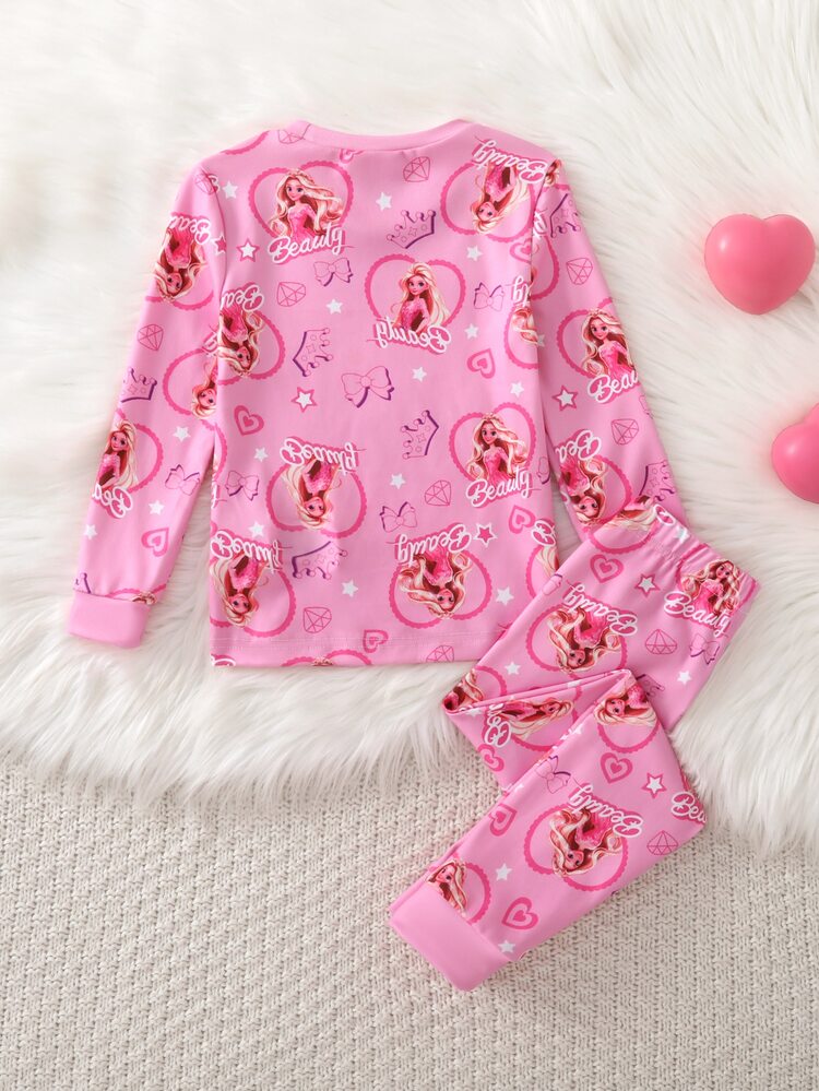 2pcs/Set Young Girls Pajamas, Cute Princess Print Long Sleeve Long Pants Knit Snug Fit Sleepwear Loungewear Set - Pink - View 2