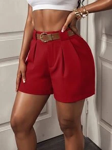 BamGleam Women's Solid Color Pleated Straight-Leg Pocket Shorts - Burgundy - View 5