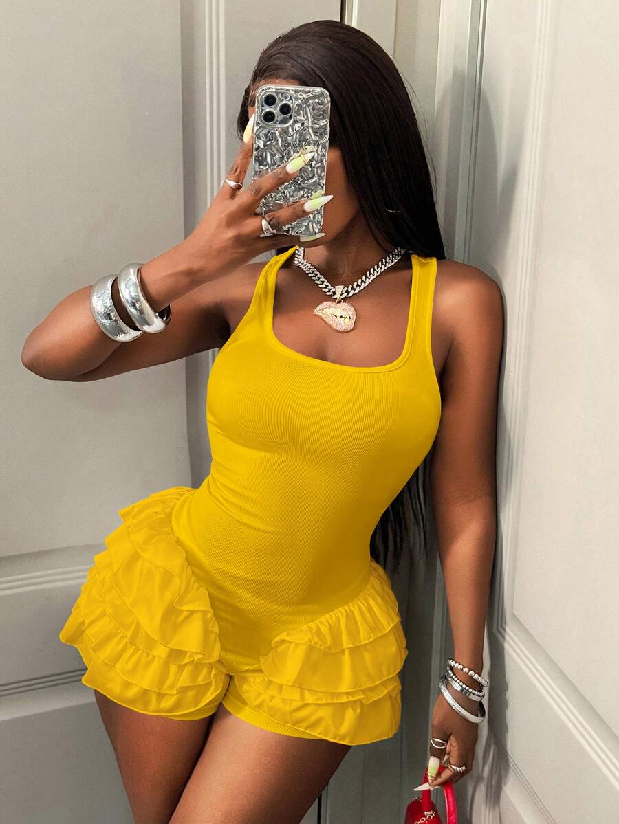 BamGleam Women's Summer Casual Vacation Style Solid Color Layered Ruffle Trim Fitted Romper
