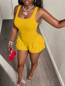 BamGleam Women's Summer Casual Vacation Style Solid Color Layered Ruffle Trim Fitted Romper - Yellow - View 5