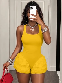 BamGleam Women's Summer Casual Vacation Style Solid Color Layered Ruffle Trim Fitted Romper - Yellow - View 7