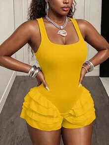 BamGleam Women's Summer Casual Vacation Style Solid Color Layered Ruffle Trim Fitted Romper - Yellow - View 8