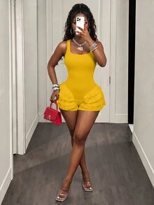 BamGleam Women's Summer Casual Vacation Style Solid Color Layered Ruffle Trim Fitted Romper - Yellow - View 6