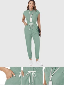 TaskEZ 女款護理師刷手服連身褲 薄荷曼波綠 醫療人員刷手套裝 啞光印花連身褲 附肩袖、4個口袋與腰部抽繩 - 彩色 - 查看 3