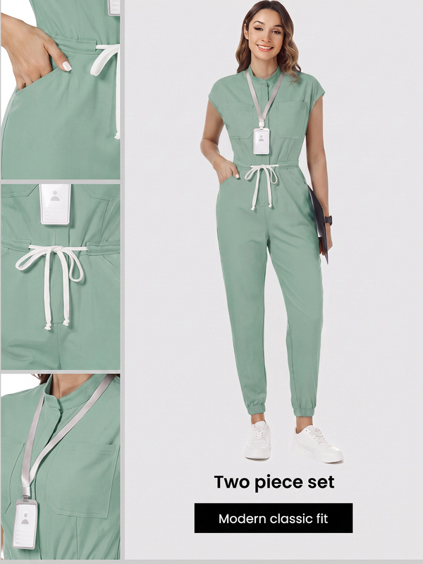 TaskEZ Mono de enfermera, mono de enfermera verde menta mambo, mono de trabajador de la salud, mono estampado mate con mangas en los hombros, 4 bolsillos y cordón en la cintura