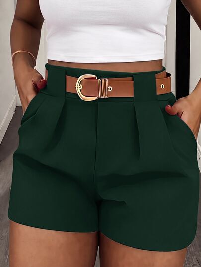 BamGleam Women Plain Pleated Pockets Straight Leg Shorts