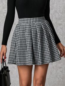 EURMUSE Plus Size 100% Cotton Women's Houndstooth Patterned Knitted Mini Skirt With Elastic Waist - أبيض وأسود - مشاهدة 3
