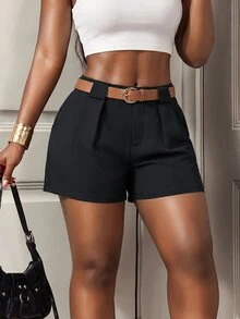 BamGleam Short de mujer de unicolor versátil y casual - Negro - Ver 7