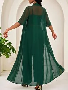 SHEIN Lady 大尺碼優雅派對早午餐婚禮賓客夾克長褲兩件套 深綠色 夏季 - 墨綠色 - 查看 2