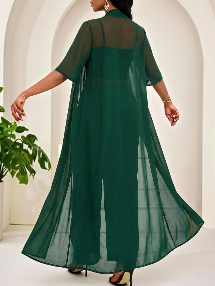 SHEIN Lady Setelan Jas dan Celana Panjang Elegan Ukuran Plus untuk Pesta, Makan Siang, Pernikahan, dan Acara Tamu, Warna Hijau Tua untuk Musim Panas. - Dark Green - View 2