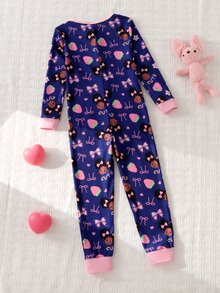 女童可愛蝴蝶結印花長袖連身緊身睡衣居家服 - 藏蓝色 - 查看 2