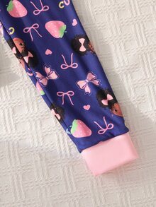女童可愛蝴蝶結印花長袖連身緊身睡衣居家服 - 藏蓝色 - 查看 6