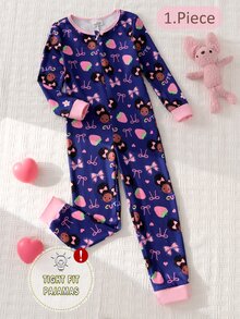 女童可愛蝴蝶結印花長袖連身緊身睡衣居家服 - 藏蓝色 - 查看 4