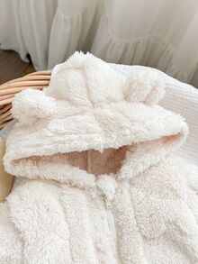 Newborn Baby Girl Autumn/Winter Cute 3D Ear Fluffy Zipper Hooded Jumpsuit - Apricot - View 3