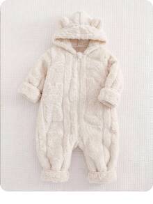 Newborn Baby Girl Autumn/Winter Cute 3D Ear Fluffy Zipper Hooded Jumpsuit - Apricot - View 6