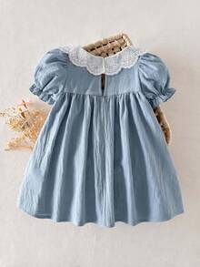 Emery Rose Kids Emery Rose Kids 女童編織純色彼得潘領花瓣袖休閒洋裝 - 藍色 - 查看 4