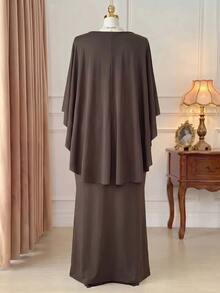 Rometta Plus Size Women's Elegant Vintage Coffee Color V-Neck Flutter Sleeve Cape Embroidered Double Layer Long Dress - Coffee Brown - View 2