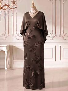 Rometta Plus Size Women's Elegant Vintage Coffee Color V-Neck Flutter Sleeve Cape Embroidered Double Layer Long Dress - Coffee Brown - View 4